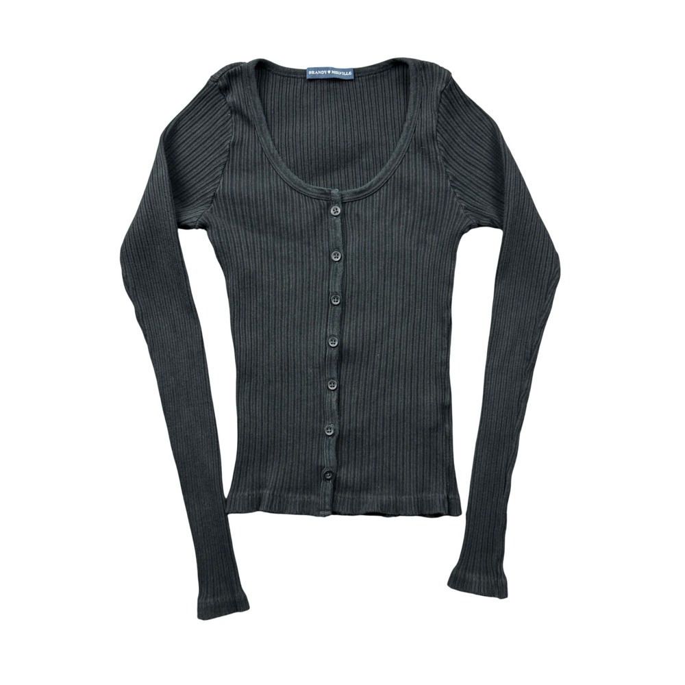 Brandy Melville Zelly Top Black Ribbed Long Sleeve Button Front Scoop Neck